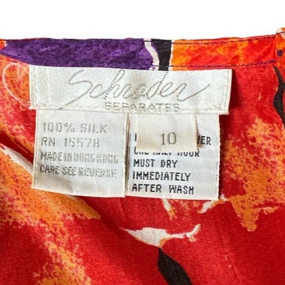 Vtg Schroder 100% Silk Floral Blouse Top Red Purple Orange Black Sz 10 Boho 80s - Picture 7 of 7